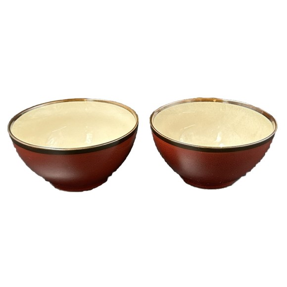 Pier 1 Hand Painted Stoneware Colored Rim Crimson Bowls 6 Inch Diameter Set of 2 - Picture 4 of 7